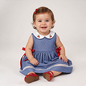 Vestido Infantil Jeans Gola Branca Bordado Cereja 100% Algodão 2 Meses a 8 Anos Mavie