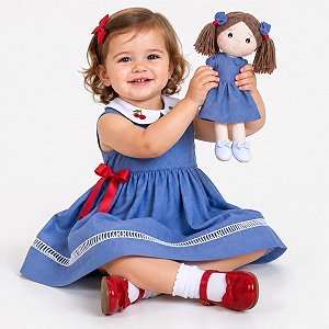 Kit Vestido Bebê Infantil com Boneca Gola Bordado Cereja 2 Meses a 8 Anos MAVIE
