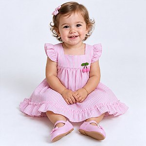 Vestido Bebê Infantil Premium Rosa Listrado 100% Algodão Antonella