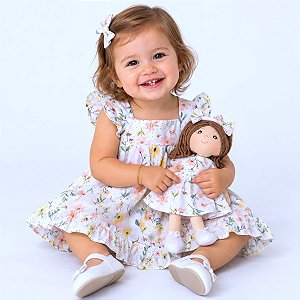 Kit Vestido Bebê Infantil Estampado com Boneca Combinando 2 Meses a 8 Anos Malu