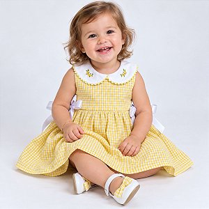 Vestido Bebê Infantil Menina Xadrez Amarelo 100% Algodão Mundo Nina 2 Meses até 8 Anos Liz