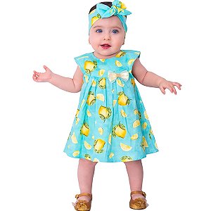 Vestido de Bebê com Tiara 100% Algodão Limão