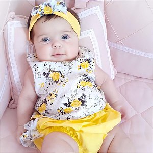 Calcinha Bunda Rica de Bebê com Top e Laço 100% Algodão Floral Amarelo