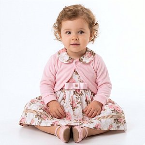 Vestido de Bebê Infantil Luxo Florido Rosa 100% Algodão com Bolero em Plush Quentinho Macio 2 Meses a 4 Anos Imperial Rosa