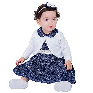 Vestido de Bebê com Bolero e Tiara 100% Algodão Pérola Azul