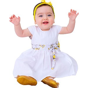 Vestido de Bebê com Tiara 100% Algodão Branco Laço