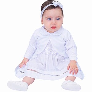 Vestido de Bebê Batizado com Bolero e Tiara 100% Algodão