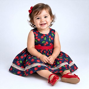Vestido de Bebê Menina Cereja 100% Algodão Festa 2 Meses a 6 Anos