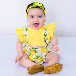 Body Jardineira Bebê com Tiara 100% Algodão - Limão Novo