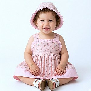 Vestido Bebe Floral Rosa com Chapéu 100% Algodão