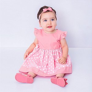 Vestido de Bebê Poá Rosa 100% Algodão - Bia