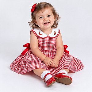 Vestido de Bebê e Infantil 100% Algodão Xadrez Vermelho 2 Meses até 6 Anos Giulia