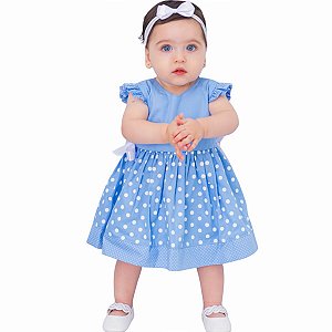 Vestido Bebê  com Tiara 100% Algodão - Poá Azul Claro