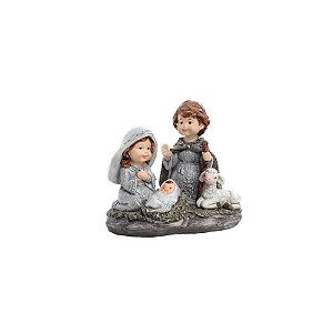 Imagem Sagrada Familia Infantil 14cm Pintura Roupa Branca Cinza