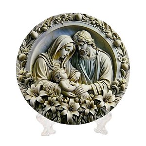 Adorno Sagrada Família de Mesa/Parede de Resina Alto relevo com Suporte 15cm