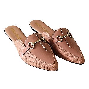 Mule Sapatilha Feminina - enfeite trapézio tressê nude e verniz nude - Pura Pose
