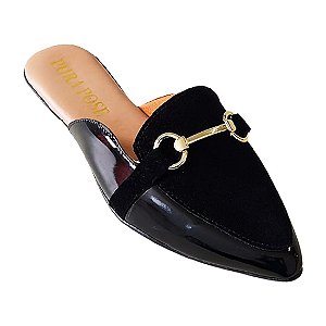 Mule Sapatilha Feminina - enfeite trapézio Verniz Preto e Camurça Preto - Pura Pose