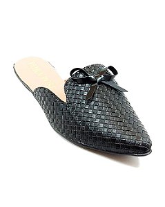 Mule Sapatilha Feminina - Tressê Napa Preto e Laço Verniz Preto - Pura Pose