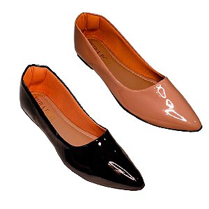 Kit 2 Pares - Sapatilha Feminina Bico Fino Conforto de Verniz Preta e Nude Pura Pose