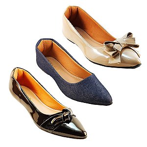 Sapatilha Feminino kit 3 no preto / lisa jeans / laçao bege