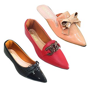 Kit 3 Sapatilha Mocassim Corrente Vermelho - Sapatilha Tressê Pto - Mule Lação Nude