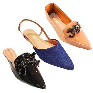 Kit 3 Sapatilha Feminina Mocassim Corrente Nude - Slinback Jeans e caramelo - Mule Lação Pto
