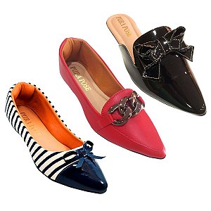 Kit 3 Sapatilha Feminina Listra Marinho - Mocassim Corrente Vermelho - Mule Lação Pto