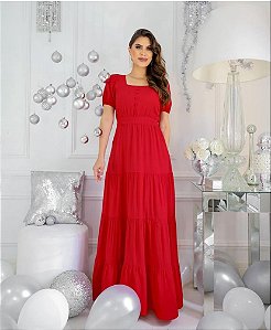 Vestido longo Vermelho com botões frontais com saia três marias e faixa