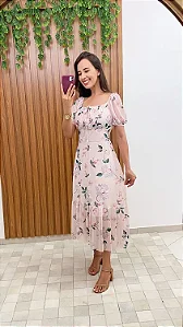 Vestido Midi Floral com decote quadrado e mangas bufantes
