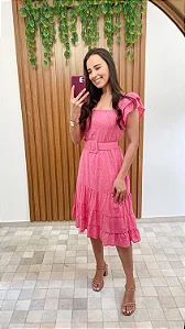 Vestido Rosa em lese de algodão, acompanha o cinto