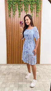Vestido em tule azul  estampado  com manga flare, amarração na cintura