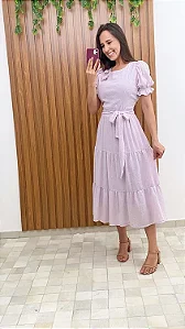 Vestido lilás em lese com algodão, com pala cintura, com lastex