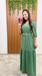 Vestido longo Verde com cinto e fivela em dourado, abertura frontal