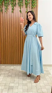 vestido longo com cinto e gola de camisa