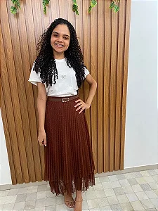 Saia Marron em tule com babado duplo, em poá.