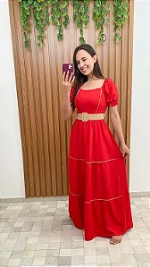 Vestido vermelho longo com cinto