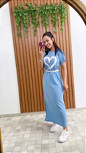 Vestido Midi  azul em algodão com abertura nas laterais