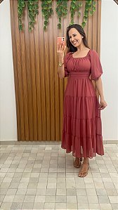 Vestido Rosa Antigo, com Mangas Bufantes e Frente Plissada