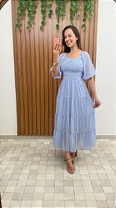 Vestido Azul com Mangas Bufantes/Princesa, e Plissado Azul