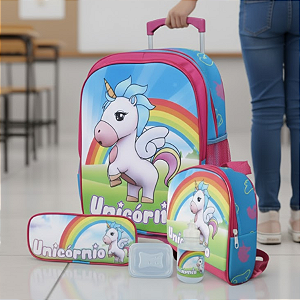 Kit Mochila Unicórnio Escolar Infantil Tam G de Rodinhas
