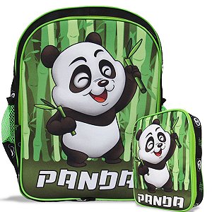 Mochila Escolar Infantil costas e Estojo 100 pens Panda