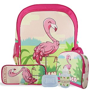 Kit Mochila Escolar Infantil de Costas Tam G Flamingo