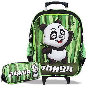 Mochila Escolar Infantil de Rodinhas e Estojo Panda