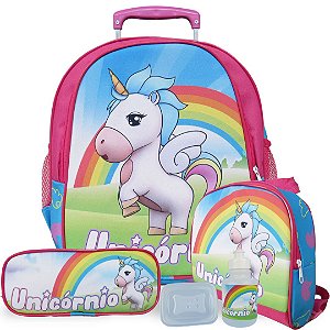 Kit Escolar Mochila Infantil de Rodinhas Tam M Unicórnio