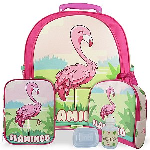 Kit Mochila Escolar Infantil Flamingo Tam M Rodinhas