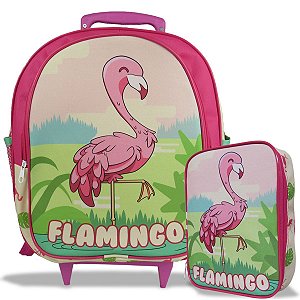 Mochila Escolar de Rodinha Tam M e Estojo 100 Pens Flamingo