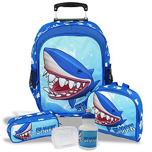 Kit Mochila Infantil G de Rodinhas Lancheira e Estojo Tubarão Shark