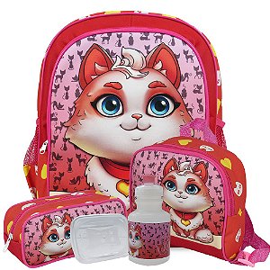 Kit Mochila Escolar Tam G Costas Lancheira e Estojo Gatinha