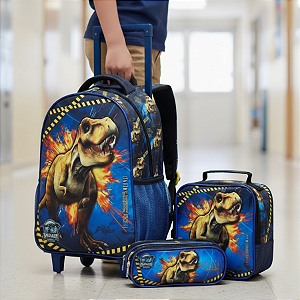 Kit Mochila Rodinhas Tyrannosaurus Rex Com Lancheira Estojo - Seanite