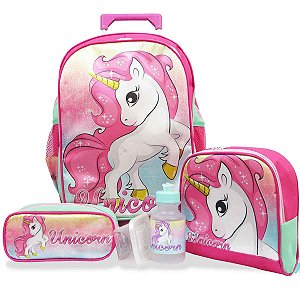 Kit Mochila Escolar Infantil Rodinhas G Unicórnio Fantasy